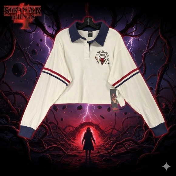 Stranger Things Tops - Stranger Things Hellfire Club Cropped Polo Shirt Womens L w/ Patches‎ Netflix
